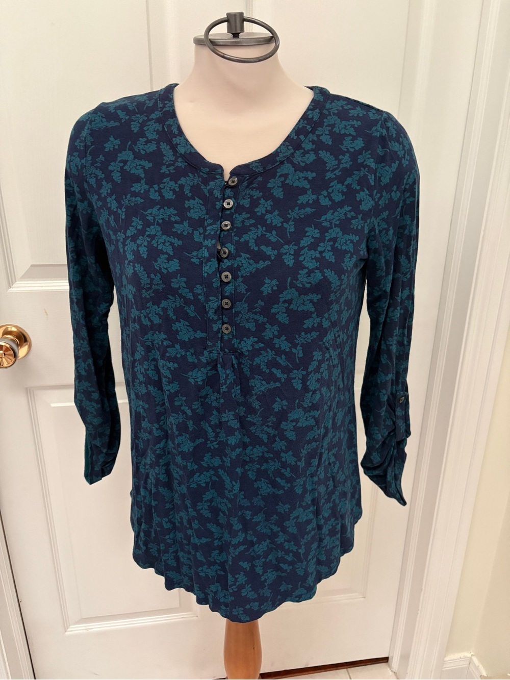 Womens Navy Teal Floral Henley Tunic Top